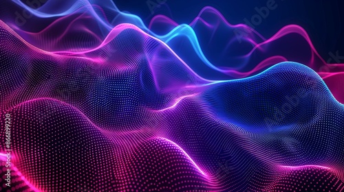 Abstract background with flowing digital waves of glowing particles.  Concept of technology, data, music, or energy.
