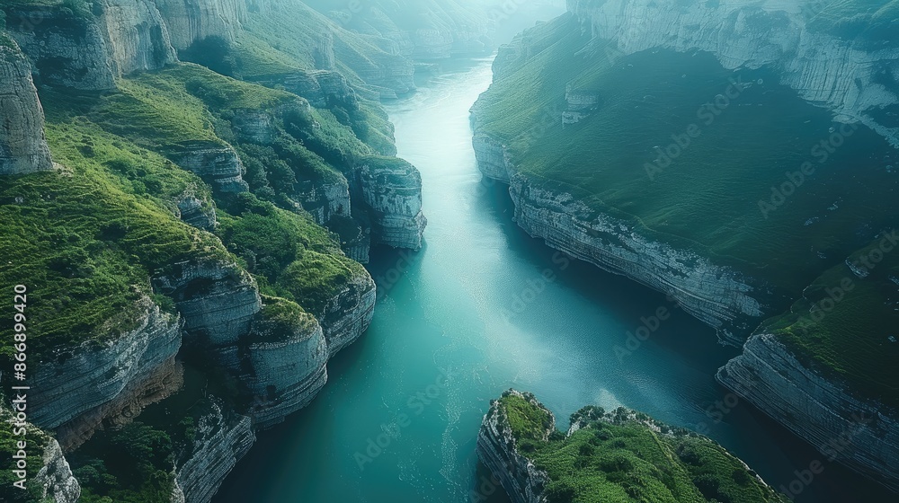 Fototapeta premium Water flows through green canyons. Aerial high view. Generative AI.