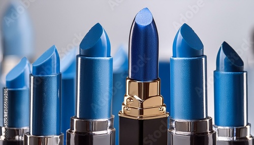 Blue metallic lipstick isolated on white background; make up concept close up photo