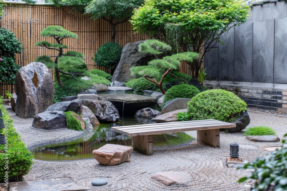 Tranquil Zen Garden With Pond, Bench, and Carefully Arranged Rocks for Relaxation and Meditation Tranquil Zen Garden With Pond, Bench, and Carefully Arranged Rocks for Relaxation and Meditation