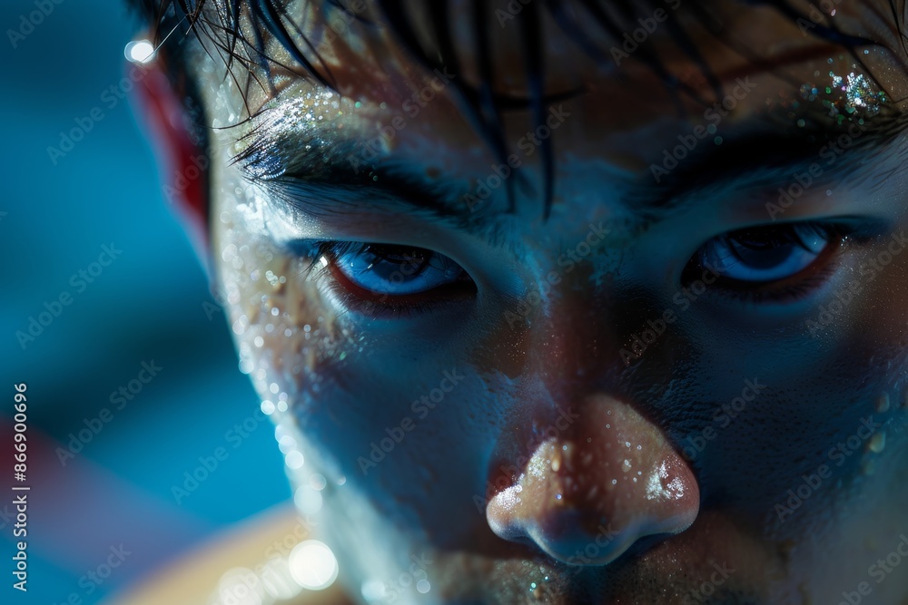 Close-Up Portrait of a Determined Judo Athlete with Olympic Rings in the Background Close-Up Portrait of a Determined Judo Athlete with Olympic Rings in the Background