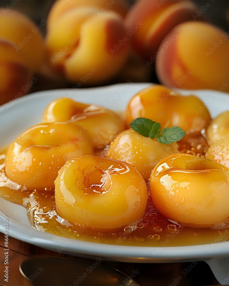 Delicious close-up of caramelized peaches served on a white plate, perfect for food photography, culinary blogs, and recipe illustrations. Ideal for posters, cookbooks, and digital content. Delicious close-up of caramelized peaches served on a white plate, perfect for food photography, culinary blogs, and recipe illustrations. Ideal for posters, cookbooks, and digital content.