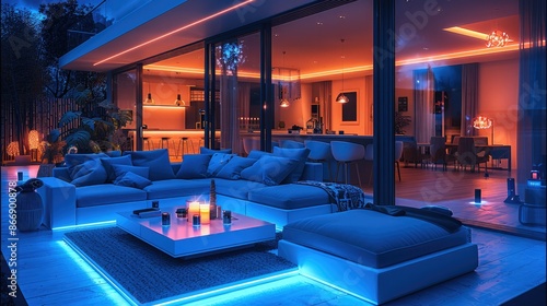Smart home displaying smart technology, vivid light colors. Generative AI. © visoot