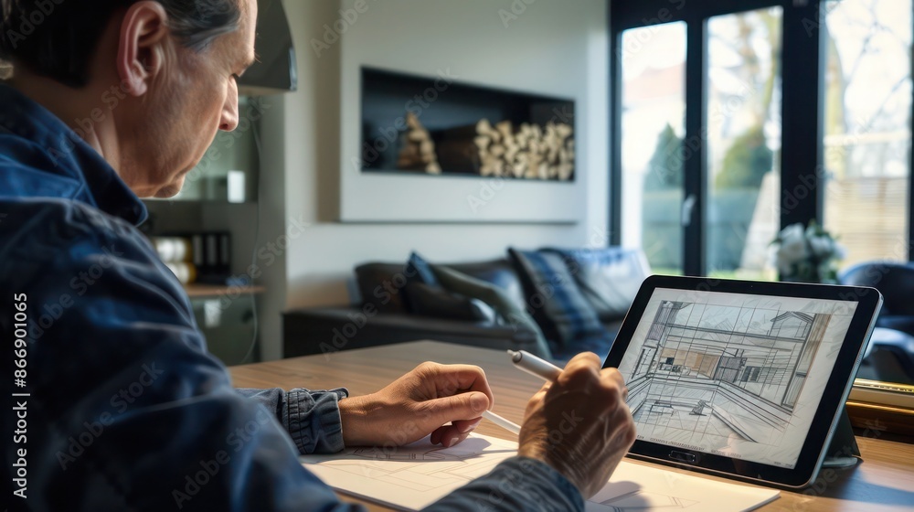 man using a tablet to sketch architectural designs while sitting at a modern desk in his home office man using a tablet to sketch architectural designs while sitting at a modern desk in his home office