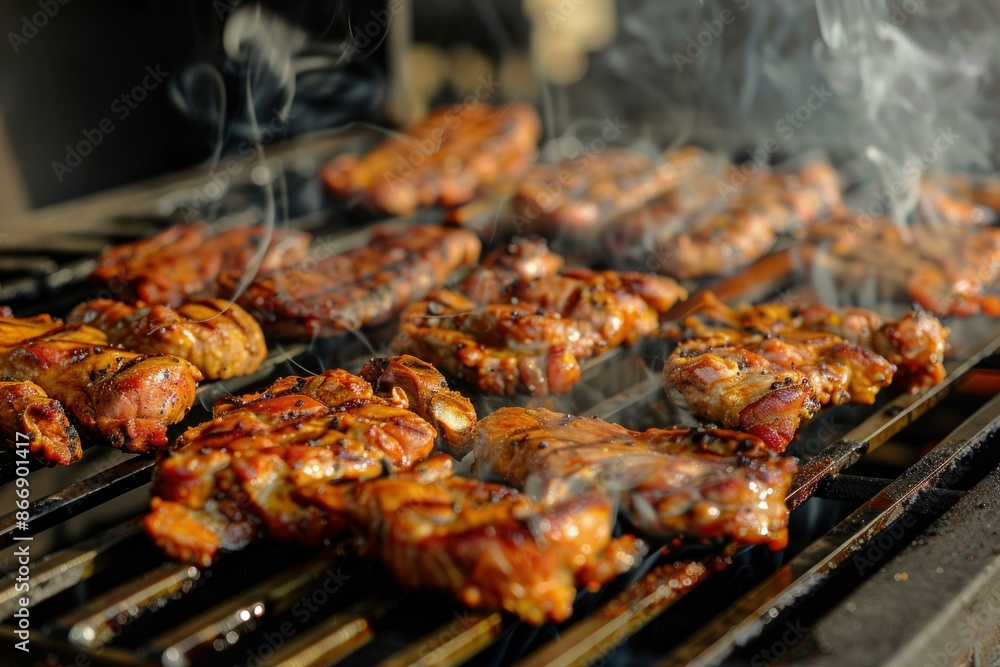 Delicious seasoned meats grilling over an open flame, creating a mouthwatering aroma Delicious seasoned meats grilling over an open flame, creating a mouthwatering aroma