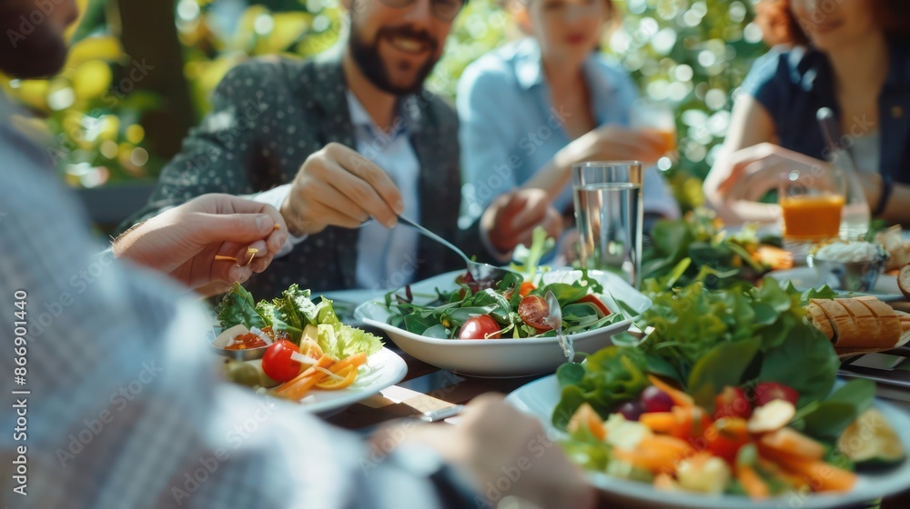 Colleagues enjoying a healthy lunch outdoors, surrounded by nature and fresh air Colleagues enjoying a healthy lunch outdoors, surrounded by nature and fresh air