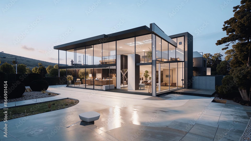 a view of a modern house with a glass wall and a concrete patio a view of a modern house with a glass wall and a concrete patio