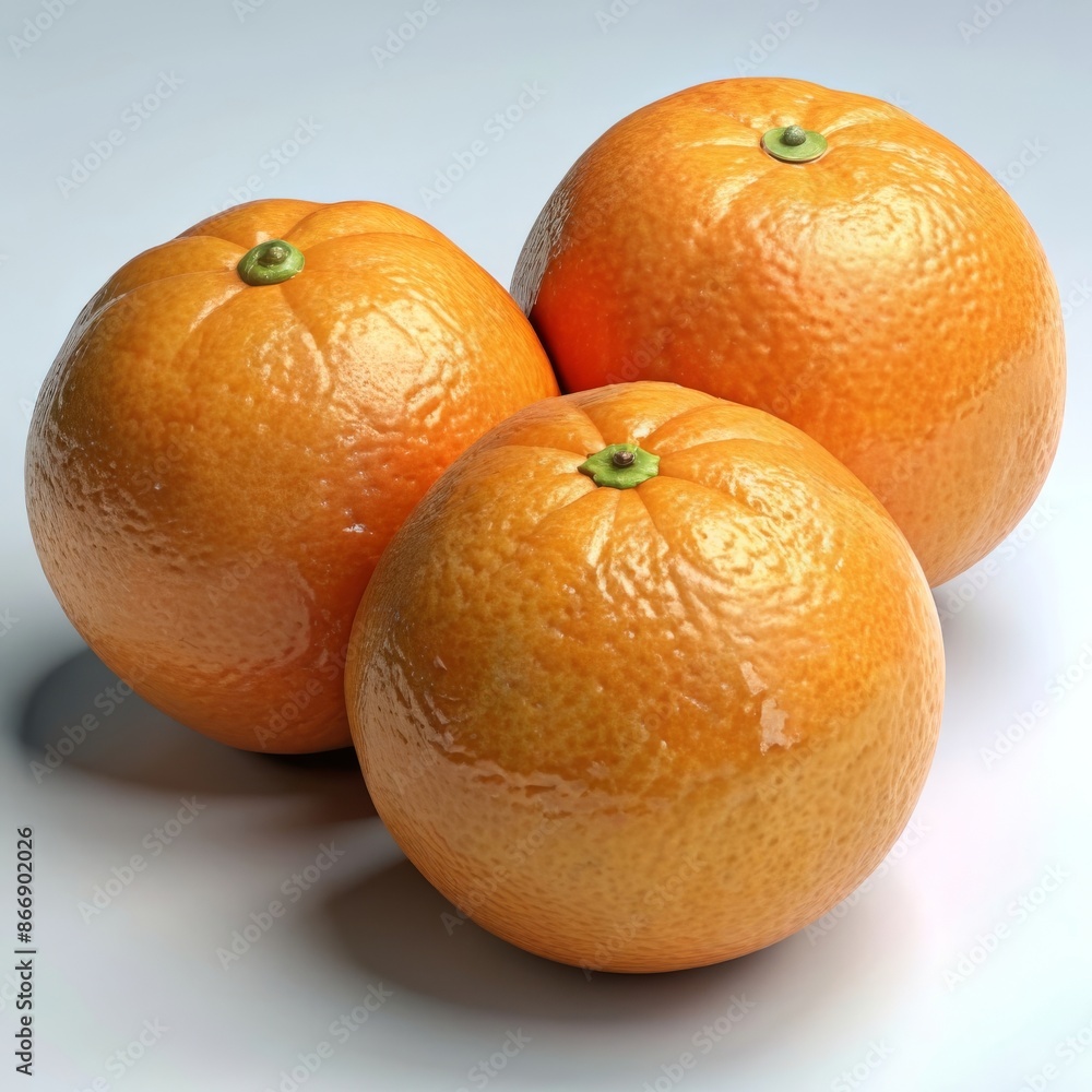Three ripe oranges with a smooth, bright orange skin, highlighting their juicy and fresh appearance. 3D Render. Three ripe oranges with a smooth, bright orange skin, highlighting their juicy and fresh appearance. 3D Render.