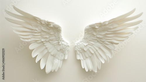 Pair of white angel wings on a white background, ethereal concept