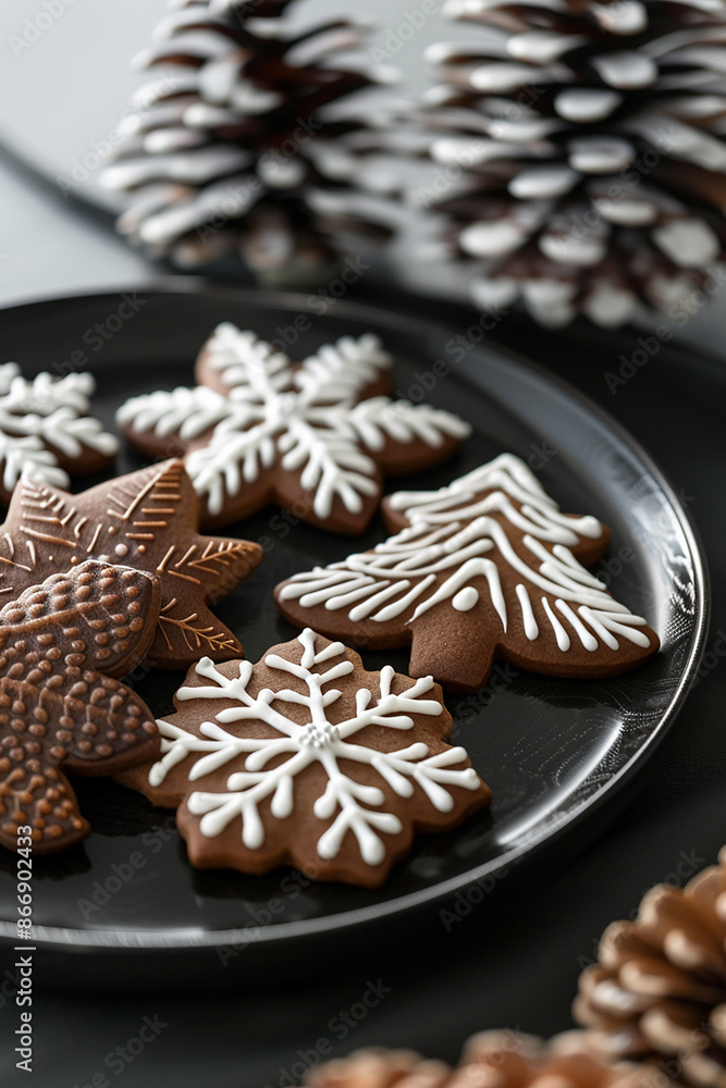Plate of beautifully decorated gingerbread cookies shaped like snowflakes, Christmas trees, and other festive designs. Perfect for holiday celebrations. Plate of beautifully decorated gingerbread cookies shaped like snowflakes, Christmas trees, and other festive designs. Perfect for holiday celebrations.