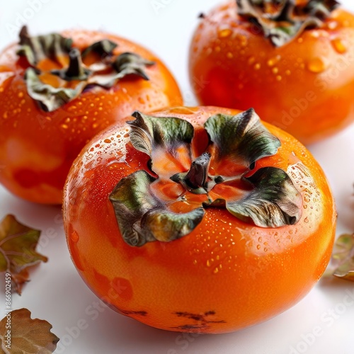hree glossy persimmons with green calyx, adorned with autumn leaves, highlighting their vibrant orange color. 3D Render. photo