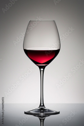 A close-up of a glass of red wine on a reflective surface, highlighting the elegance and sophistication of the drink. The background is simple and gray.