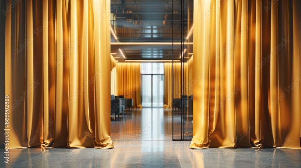 A dark gold theater curtain that is slightly ajar and behind the curtain, with a modern banking office with glass offices. Generative AI. A dark gold theater curtain that is slightly ajar and behind the curtain, with a modern banking office with glass offices. Generative AI.