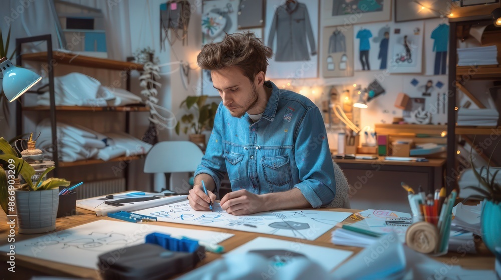small business owner designing custom merchandise, surrounded by sketches and prototypes in a cozy studio small business owner designing custom merchandise, surrounded by sketches and prototypes in a cozy studio