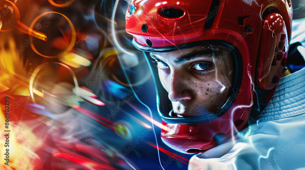 Intense Taekwondo Athlete in Protective Gear Framed by National Flags and Dynamic Background Intense Taekwondo Athlete in Protective Gear Framed by National Flags and Dynamic Background