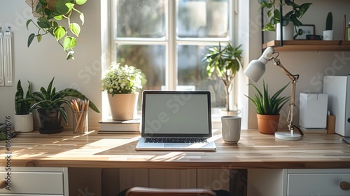 A home office corner, showcasing a laptop on a desk and a matching cabinet, both contributing to a clean and minimalist aesthetic. Generative AI.