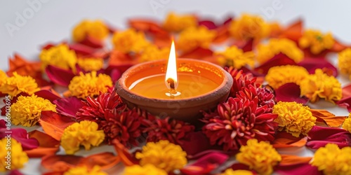 Candle surrounded by flowers and petals