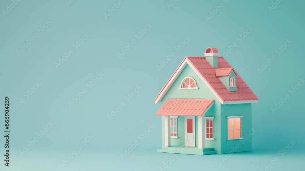 Miniature pastel house on blue background, conceptual real estate and home design Miniature pastel house on blue background, conceptual real estate and home design