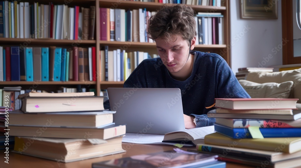 young professional using a laptop to write a research paper, surrounded by books and notes in a quiet study space young professional using a laptop to write a research paper, surrounded by books and notes in a quiet study space