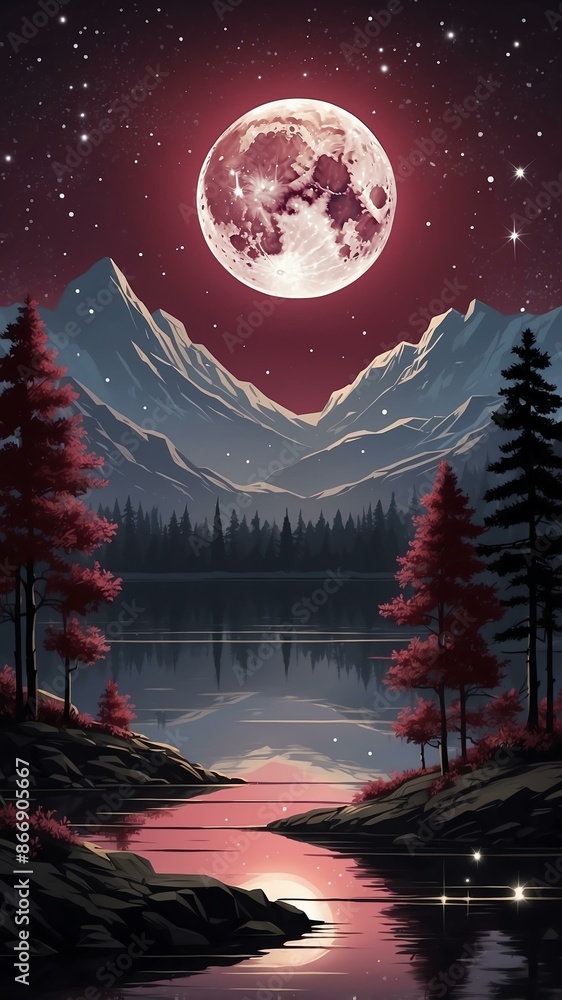 Naklejka premium create a night scene with a large luminous maroon full background