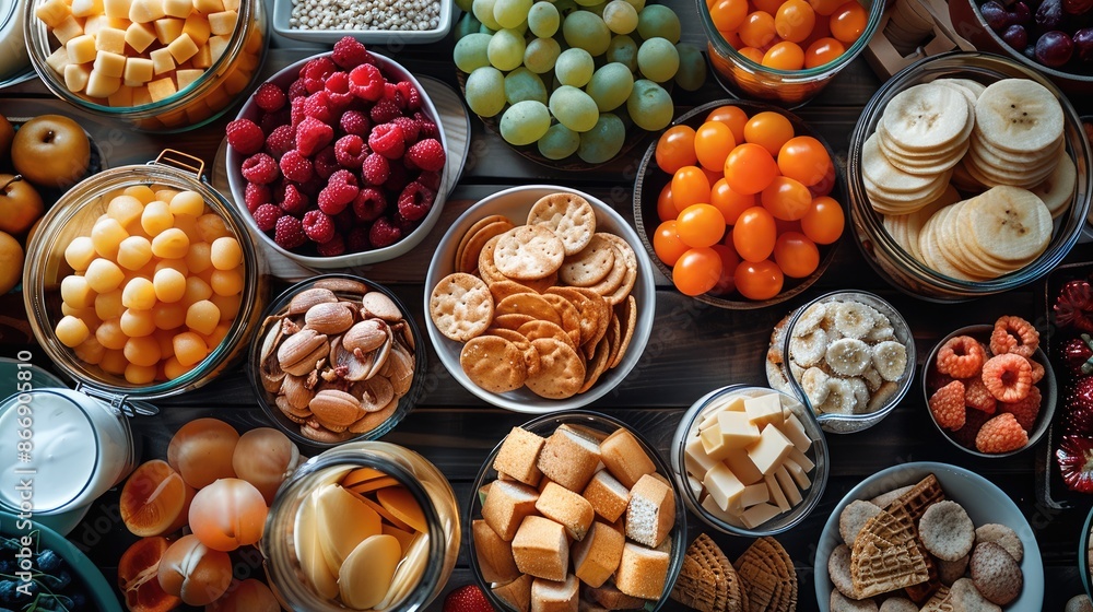 Share post run snacks and refreshments. top view. Generative AI. Share post run snacks and refreshments. top view. Generative AI.