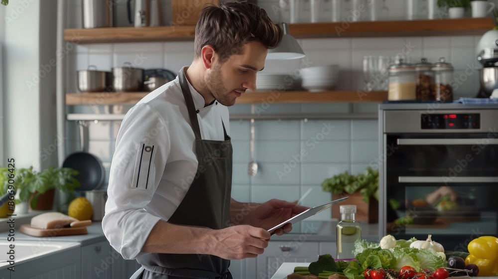 young professional using a tablet to follow a recipe while cooking in a modern kitchen young professional using a tablet to follow a recipe while cooking in a modern kitchen