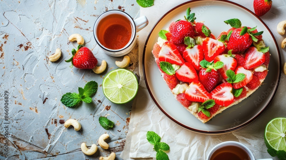 Heart shaped vegan raw cake with strawberry cashews and lime on table with tea and paper Heart shaped vegan raw cake with strawberry cashews and lime on table with tea and paper