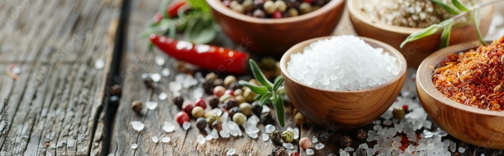 Assorted spices and coarse salt in wooden bowls Assorted spices and coarse salt in wooden bowls
