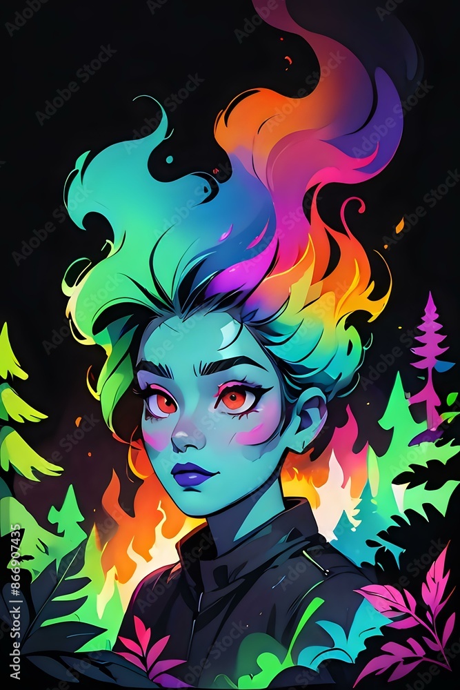 Vibrant illustrated portrait of a girl with rainbow hair and glowing eyes in a mystical forest, perfect for character design, fantasy projects, and magical branding Vibrant illustrated portrait of a girl with rainbow hair and glowing eyes in a mystical forest, perfect for character design, fantasy projects, and magical branding