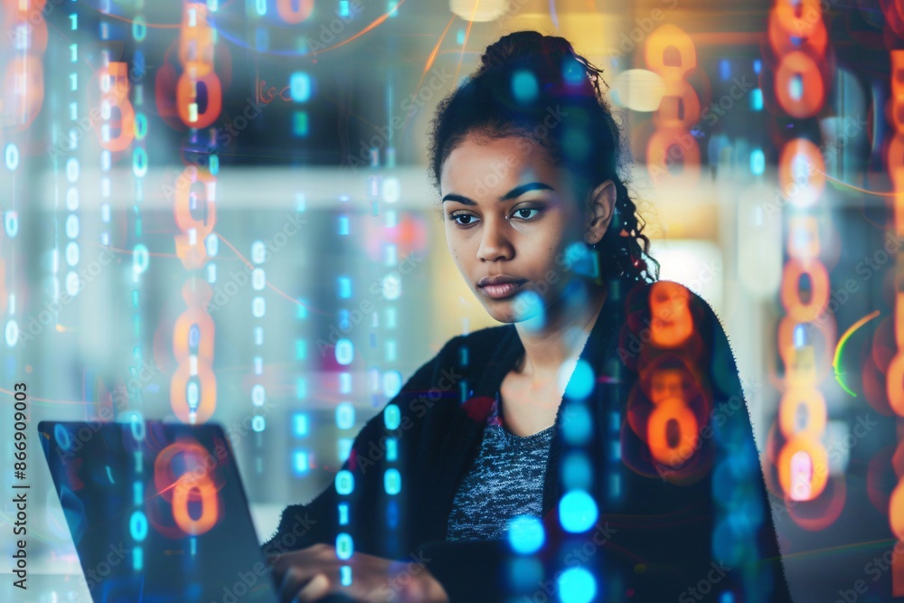 Woman focused on laptop with overlay of digital binary code. Cybersecurity and data analysis concept. Design for poster, banner, header, and wallpaper Woman focused on laptop with overlay of digital binary code. Cybersecurity and data analysis concept. Design for poster, banner, header, and wallpaper