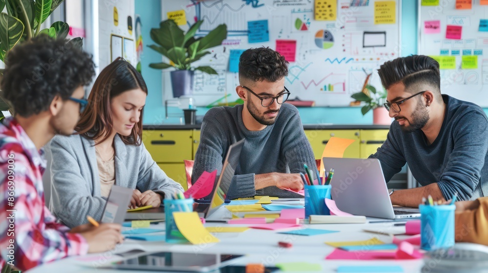 group of marketing professionals brainstorming a new campaign, using sticky notes, whiteboards, and laptops in a vibrant office group of marketing professionals brainstorming a new campaign, using sticky notes, whiteboards, and laptops in a vibrant office