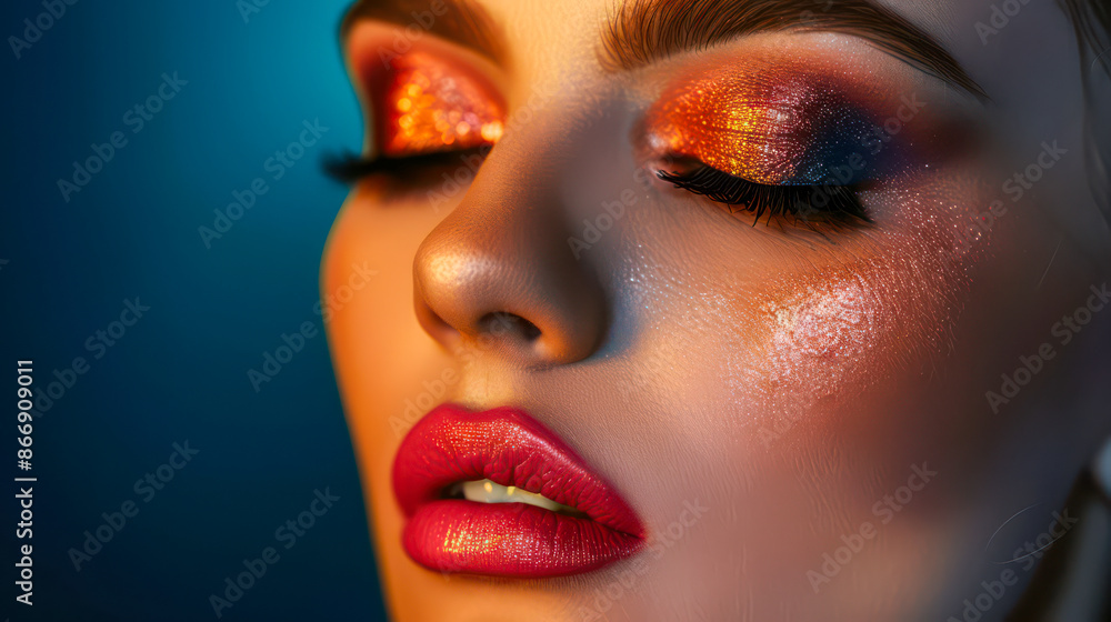 A close-up of a woman's face with heavy evening make-up, the woman posing for a photo against a dark background A close-up of a woman's face with heavy evening make-up, the woman posing for a photo against a dark background
