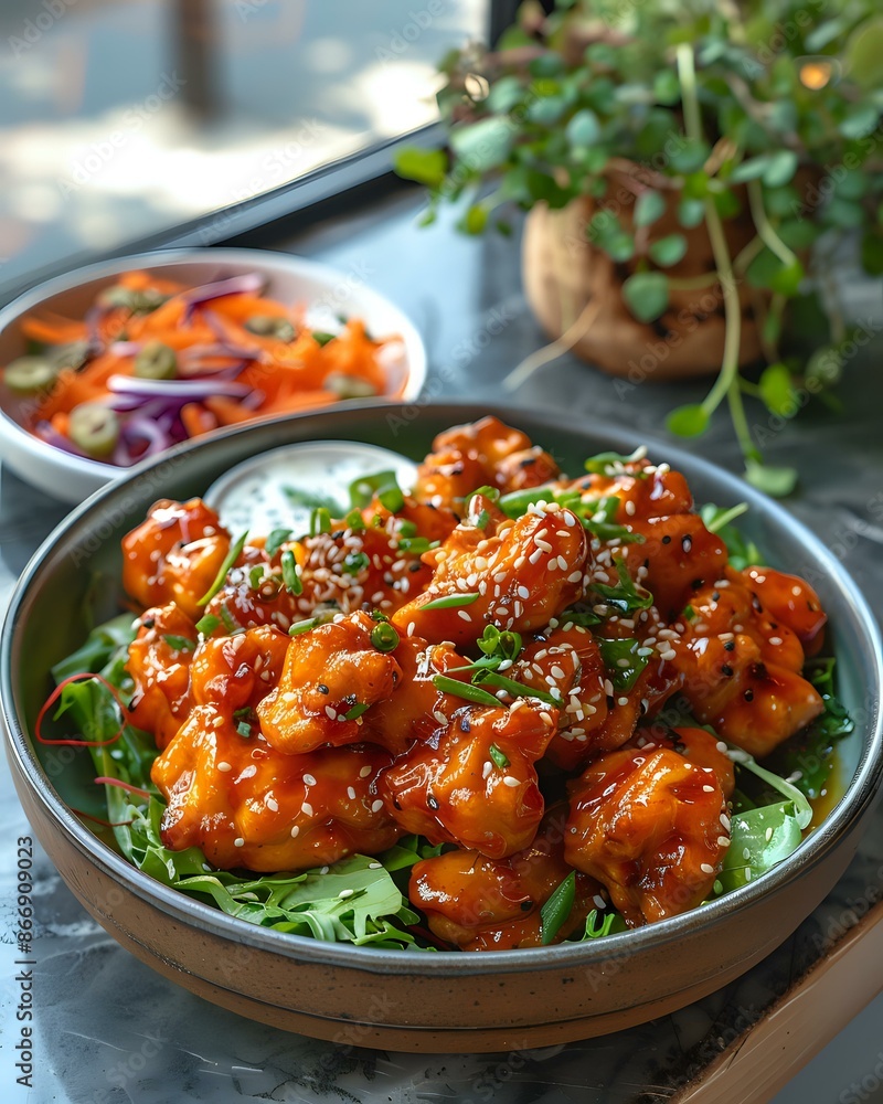 Spicy glazed cauliflower bites on a bed of greens, perfect for food blogs, vegan menus, and culinary magazines. This vibrant and delicious dish highlights plant-based cuisine and healthy eating. Spicy glazed cauliflower bites on a bed of greens, perfect for food blogs, vegan menus, and culinary magazines. This vibrant and delicious dish highlights plant-based cuisine and healthy eating.