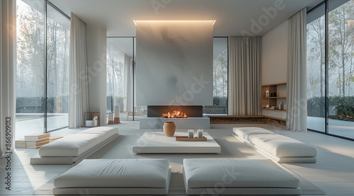 Interior living room  minimalist style  white tones  a fireplace in the middle of the room. Generative AI.