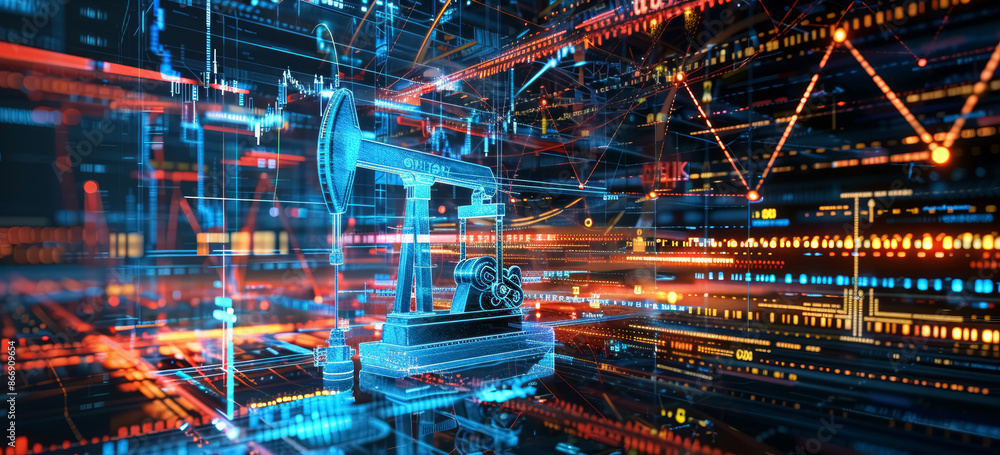 Oil pump jack against background of financial charts and data. Oil industry economy concept. Oil pump jack against background of financial charts and data. Oil industry economy concept.