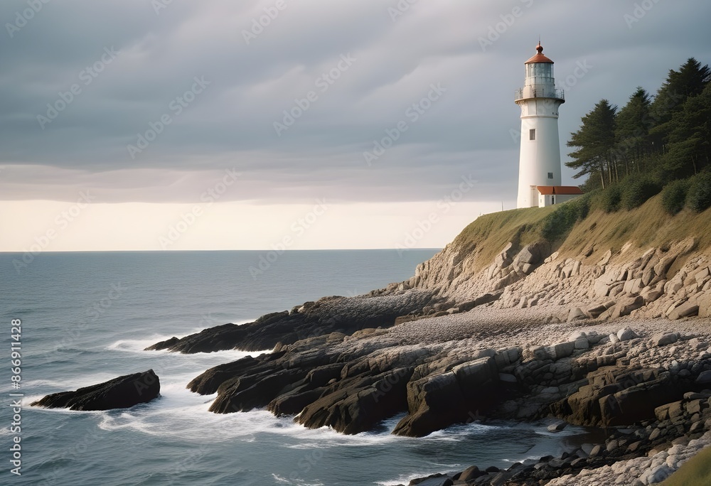 White lighthouse on a spoiled cliff with pale grass, dark rocks, pale grey northen sea, cloudy sky, winter time White lighthouse on a spoiled cliff with pale grass, dark rocks, pale grey northen sea, cloudy sky, winter time