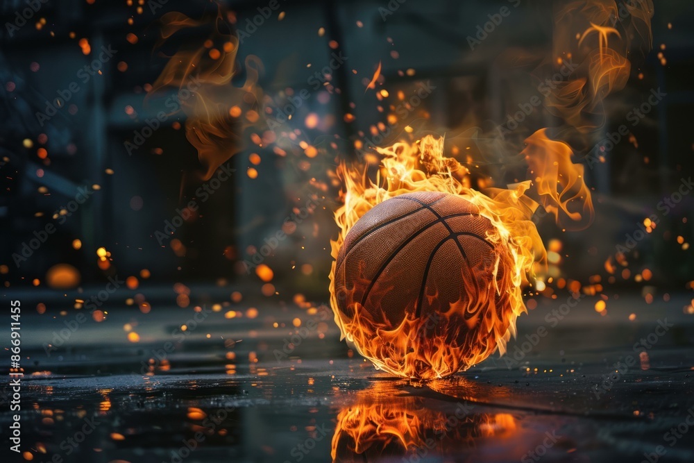 Basketball engulfed in flames on a court, symbolizing intense play or heated competition Basketball engulfed in flames on a court, symbolizing intense play or heated competition