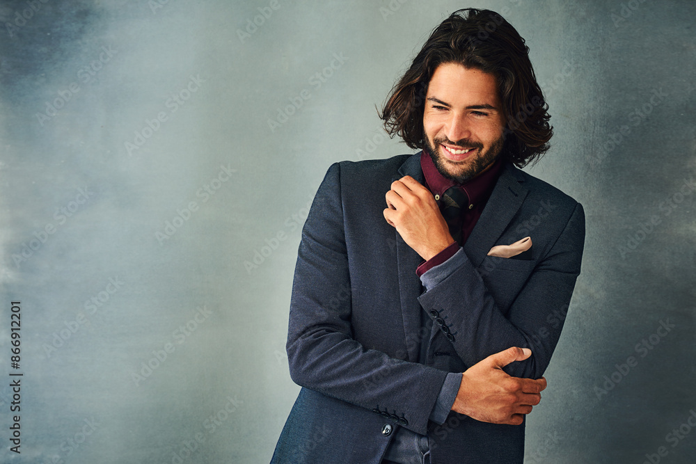 Man, happy and confident in suit with smile, elegance and background for style, clothes and design. Fashion designer, joy and pride with blazer, tie and creative for trendy, classy and aesthetic Man, happy and confident in suit with smile, elegance and background for style, clothes and design. Fashion designer, joy and pride with blazer, tie and creative for trendy, classy and aesthetic