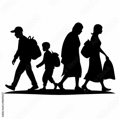 refugees people walking silhouette vector art illustration