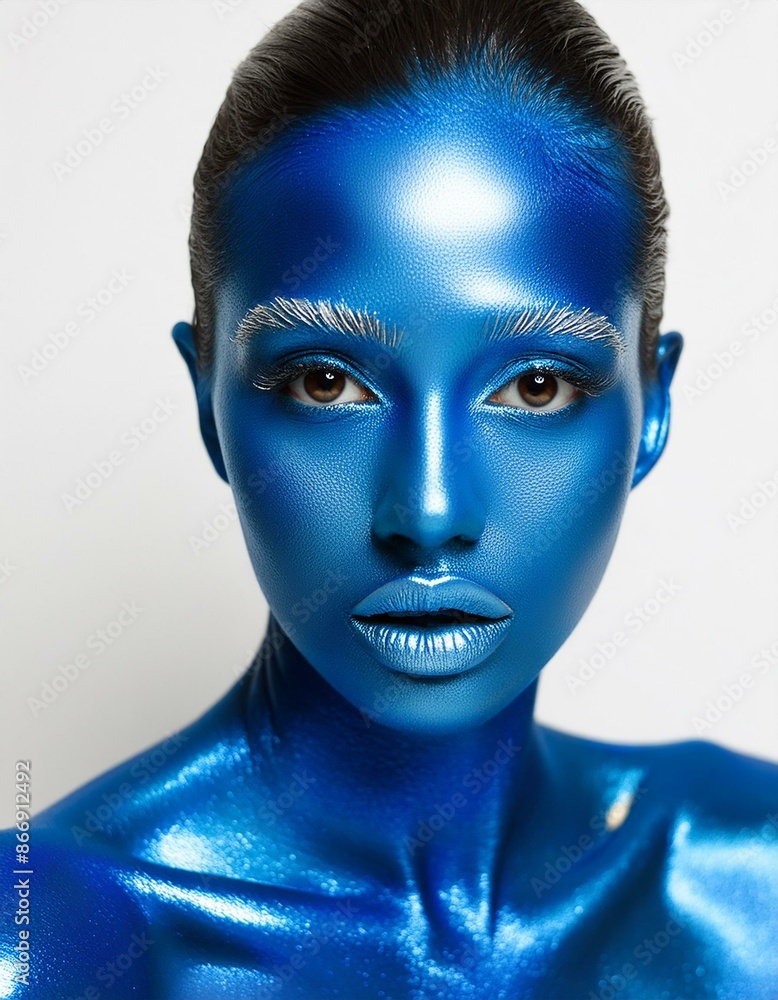 Portrait of a woman covered in blue metallic paint. Model, glamour, High Fashion, Editorial, Alien Portrait of a woman covered in blue metallic paint. Model, glamour, High Fashion, Editorial, Alien