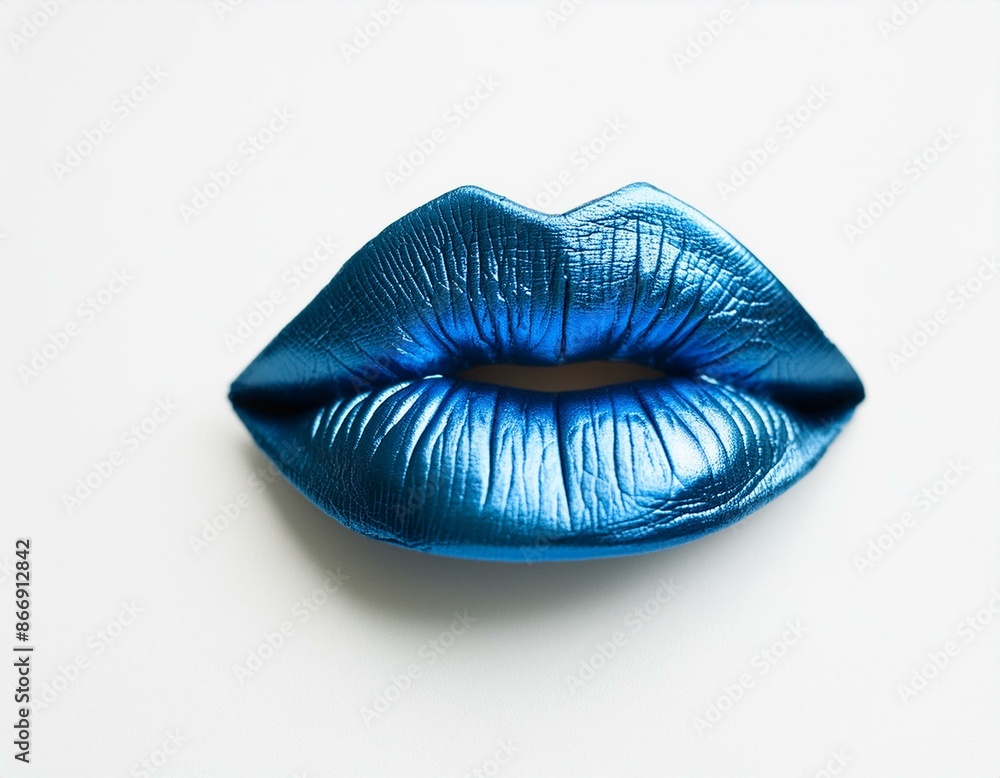 Blue metallic lips isolated on white background; make up concept, creative idea for lipsticks lovers Blue metallic lips isolated on white background; make up concept, creative idea for lipsticks lovers