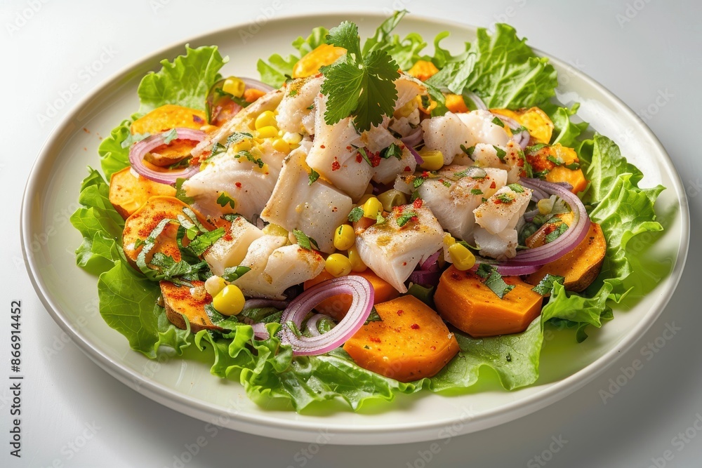 Delectable Cebiche Corbina with Sweet Potato Slices and Extra Virgin Olive Oil Delectable Cebiche Corbina with Sweet Potato Slices and Extra Virgin Olive Oil