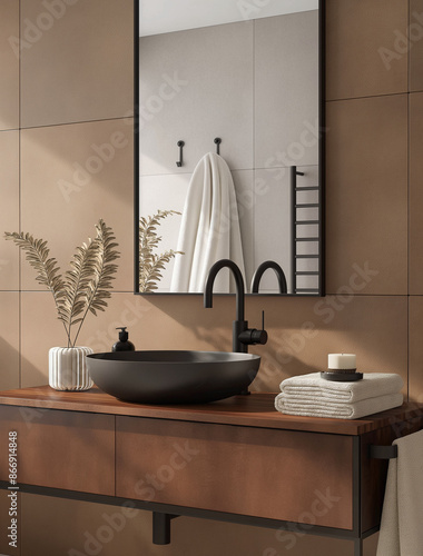 Modern Minimalistic Bathroom with Warm Brown and White Tiles photo