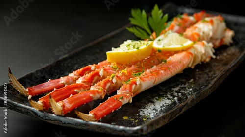 Delicious king crab legs with lemon and herbs on a black platter, fine dining seafood concept photo
