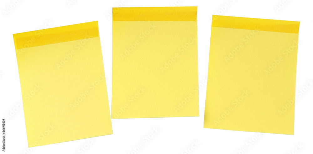 Three yellow sticky notes in a row isolated on transparent background Three yellow sticky notes in a row isolated on transparent background