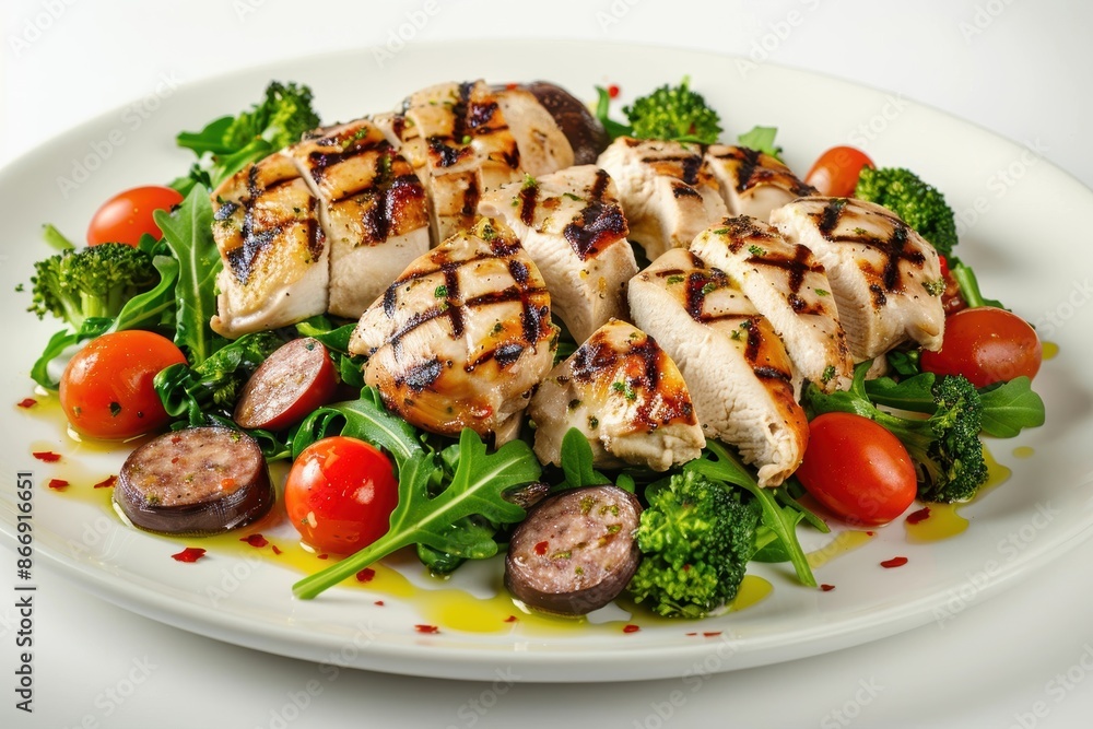Colorful Grilled Chicken and Sausage with Broccoli Rabe and Arugula Salad Colorful Grilled Chicken and Sausage with Broccoli Rabe and Arugula Salad