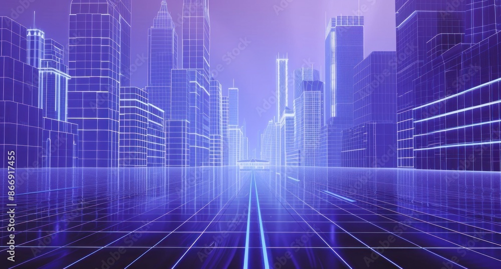 Cyberpunk Cityscape with Wireframe Buildings Cyberpunk Cityscape with Wireframe Buildings