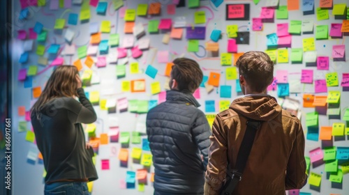 Entrepreneurs brainstorming marketing strategies on a large whiteboard filled with colorful sticky notes