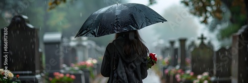 Sad woman grieving in cemetery in rainy day. Woman standing at gravestone of her family member or beloved. Death ceremony and memorial service in cemetery. Funeral, loss, and sorrow concept