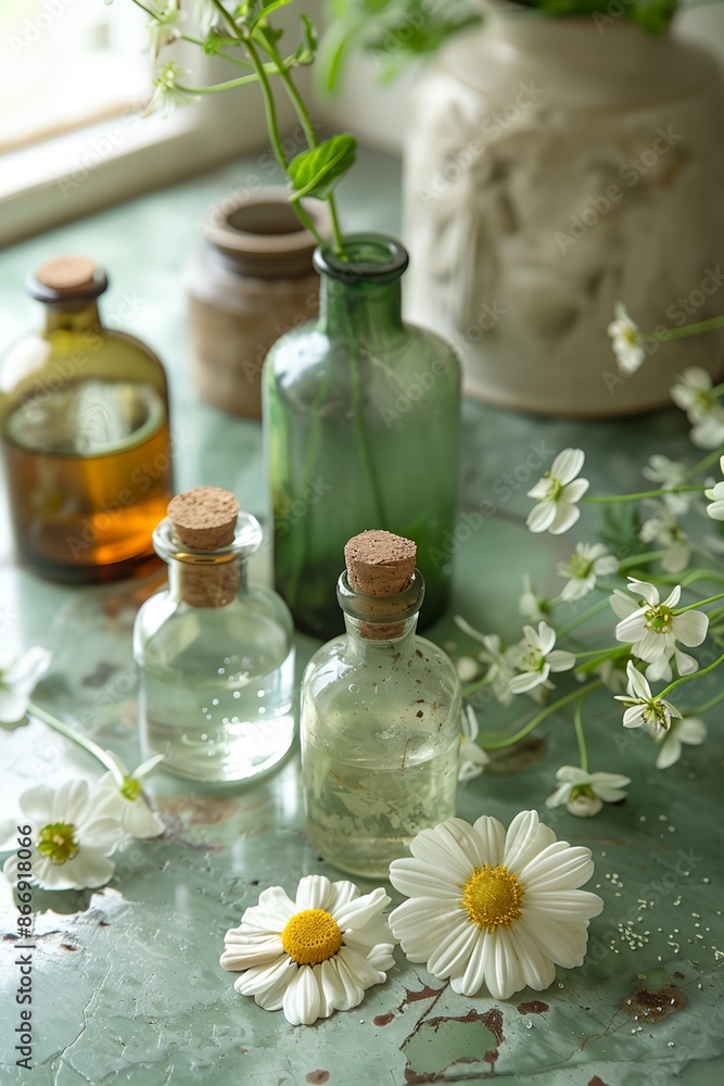 A table with a vase of white flowers and three glass bottles with cork stoppers. The table is on a green surface A table with a vase of white flowers and three glass bottles with cork stoppers. The table is on a green surface